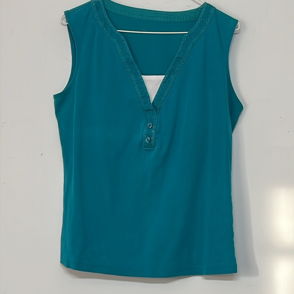 🌞 Teal sleeveless 2 in 1 top layered look white cami underneath women size L - Picture 8 of 16